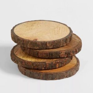 UNI_CRAFTS Natural Wooden Rustic Coasters with Tree Bark | Wood Coaster Pieces Craft Wood kit | Mango Wood Coasters for Your Drinks, Beverages & Wine/Bar Glasses (Coasters Set of 4)