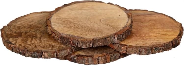 UNI_CRAFTS Natural Wooden Rustic Coasters with Tree Bark | Wood Coaster Pieces Craft Wood kit | Mango Wood Coasters for Your Drinks, Beverages & Wine/Bar Glasses (Coasters Set of 4)