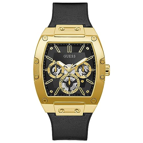 GUESS Men's Trend Multifunction 43mm Watch – Black & Gold-Tone Dial with Gold-Tone Polycarbonate Case & Flex Leather/Silicone Strap