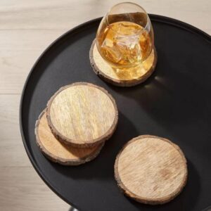 UNI_CRAFTS Natural Wooden Rustic Coasters with Tree Bark | Wood Coaster Pieces Craft Wood kit | Mango Wood Coasters for Your Drinks, Beverages & Wine/Bar Glasses (Coasters Set of 4)