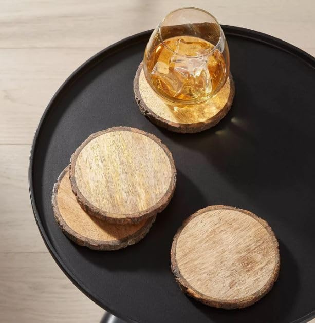 UNI_CRAFTS Natural Wooden Rustic Coasters with Tree Bark | Wood Coaster Pieces Craft Wood kit | Mango Wood Coasters for Your Drinks, Beverages & Wine/Bar Glasses (Coasters Set of 4)