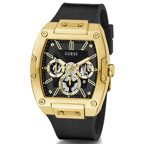 GUESS Men's Trend Multifunction 43mm Watch – Black & Gold-Tone Dial with Gold-Tone Polycarbonate Case & Flex Leather/Silicone Strap