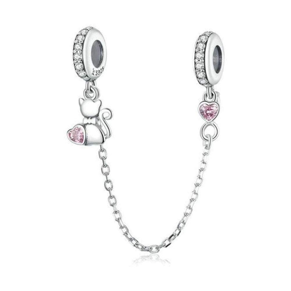 Animal Safety Chain 925 Sterling Silver Rubber Spacer Stopper Beads fit Pandora Style Bracelet (Cat & Heart Safety Chain)