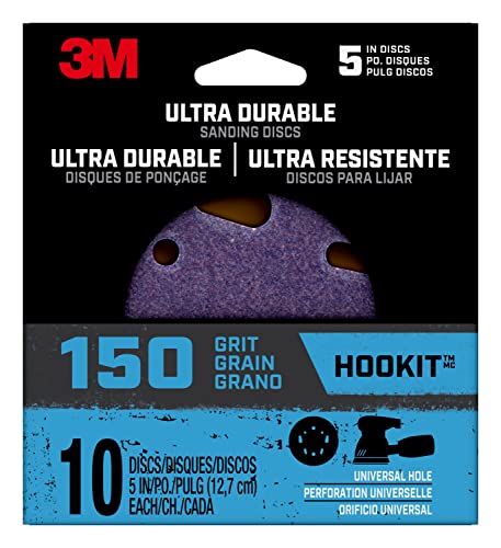 3M Ultra Durable 5 inch Power Sanding Discs, Universal Hole, 150 Grit, 10/Pack