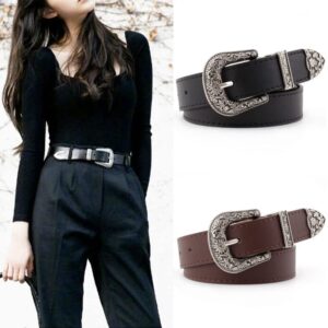 INOGIH Western-Leather-Belts-Women Vintage Waist-Belts with Hollow Out Flower Buckle