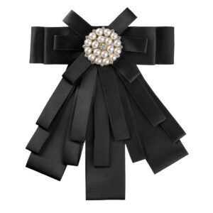 Allegra K Women's Pre-tied Bowknot Beads Bow Tie Elegant Large Ribbon Brooch One Size Black