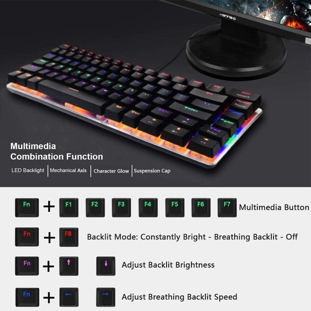 LexonElec Wireless Mechanical Keyboard,Two Mode BT5.0/USB-C 82 Keys Bluetooth Mechanical Keyboard,Rainbow LED Backlit,Compact Gaming Keyboard for Windows Mac PC Gamer(Black)