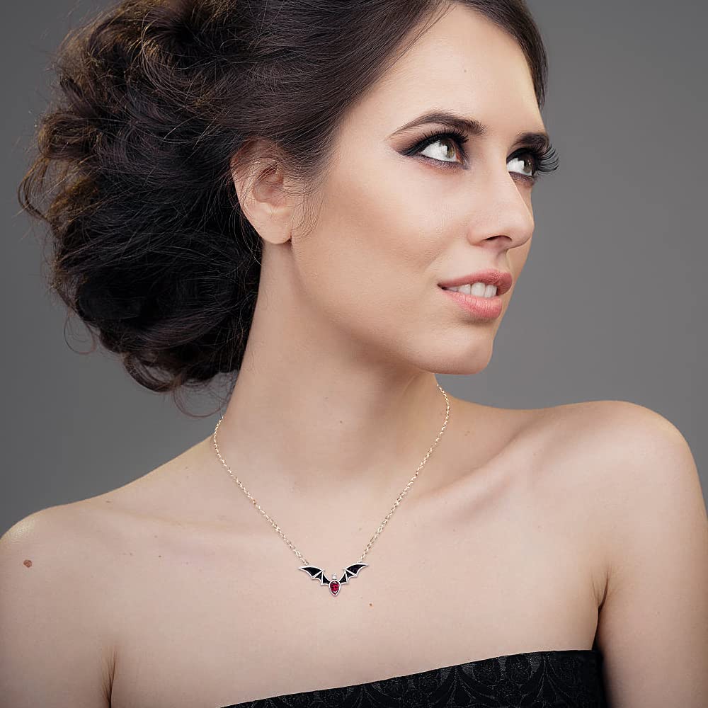 Halloween Bat Necklace Sterling Silver for Women Black Cubic Zirconia Chain Choker Vampire Witch Ghost Festival Classic Funny Cute Dainty Christmas Gift