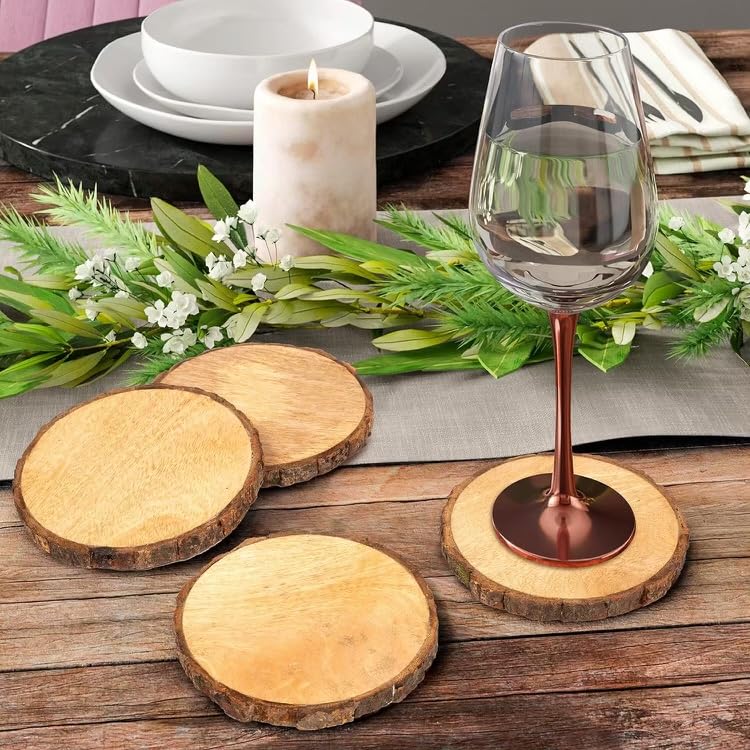 UNI_CRAFTS Natural Wooden Rustic Coasters with Tree Bark | Wood Coaster Pieces Craft Wood kit | Mango Wood Coasters for Your Drinks, Beverages & Wine/Bar Glasses (Coasters Set of 4)