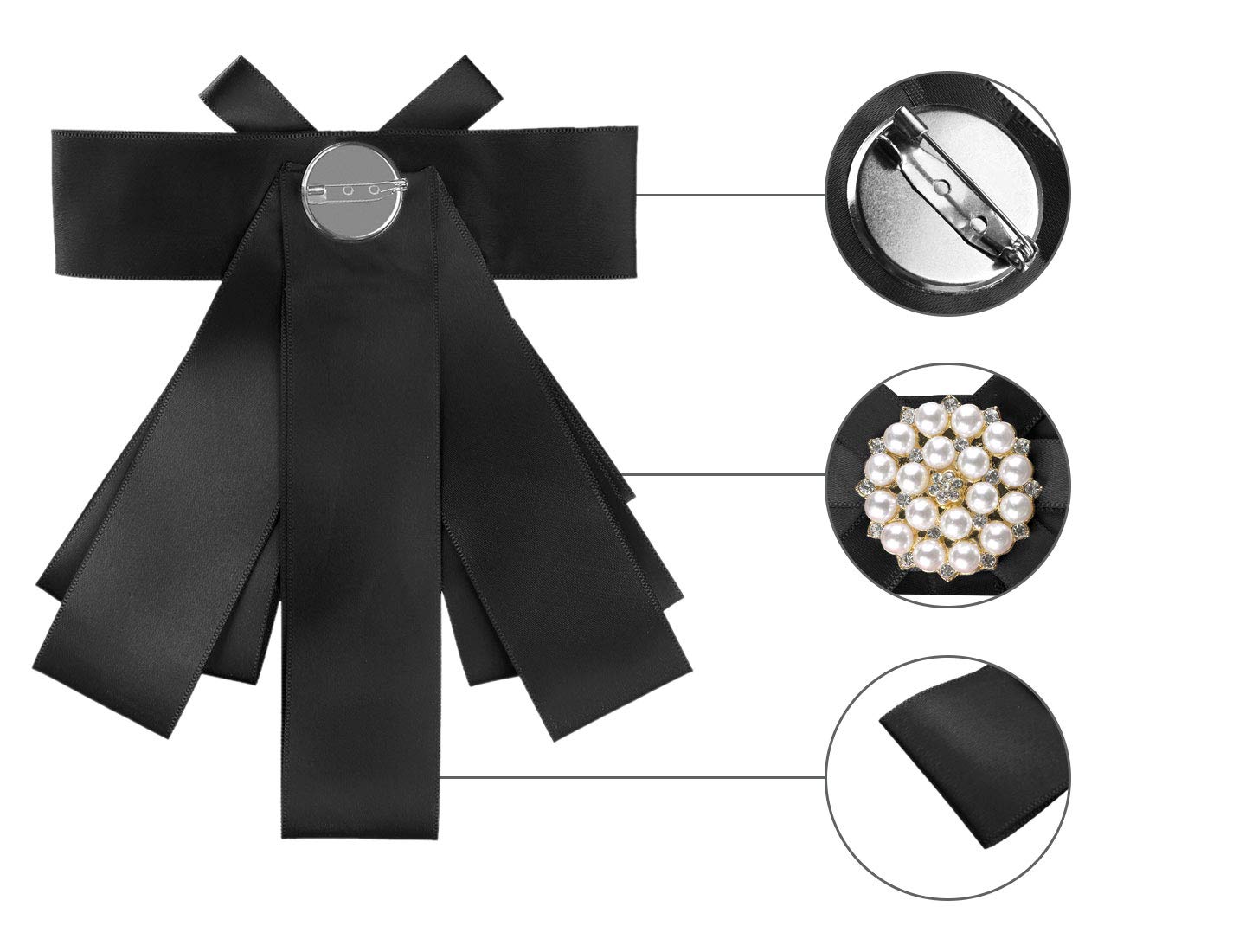 Allegra K Women's Pre-tied Bowknot Beads Bow Tie Elegant Large Ribbon Brooch One Size Black