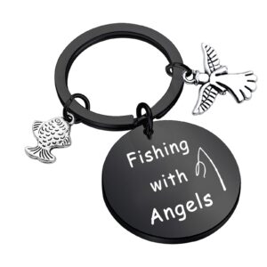 potiy in memory of dad keepsake fishing with angels keychain dad grandfather memorial keychain rip gift loss of brother gift (black keychain)