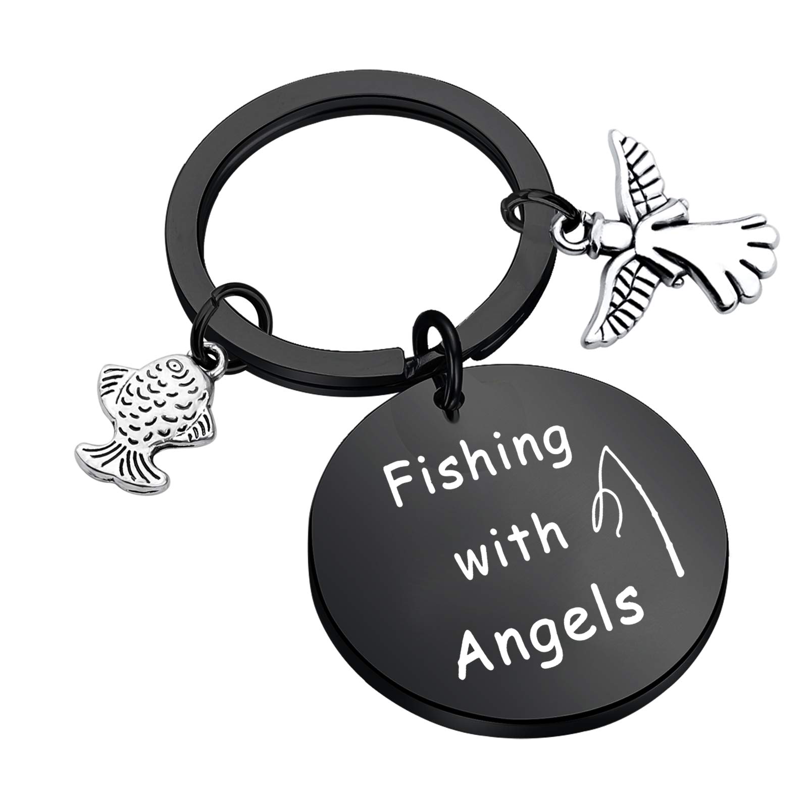 POTIY In Memory of Dad Keepsake Fishing with Angels Keychain Dad Grandfather Memorial Keychain RIP Gift Loss of Brother Gift (Black Keychain)