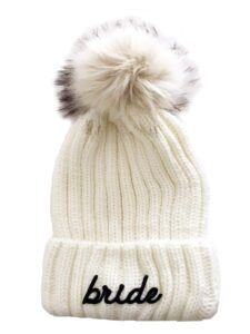 modparty bride & bridesmaid beanie hats knitted with faux fur pom poms for women winter bachelorette parties (white)