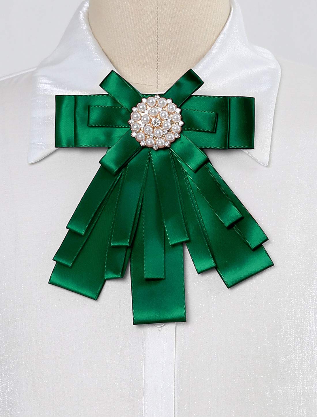 Allegra K Women's Pre-tied Bowknot Beads Bow Tie Elegant Large Ribbon Brooch One Size Deep Green