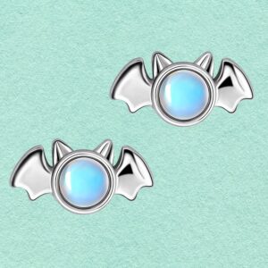 Halloween Moonstone Bat Earrings Sterling Silver Vampire studs for Women Hypoallergenic Piercing Stud for Sensitive Ears Fashion Gothic Jewelry