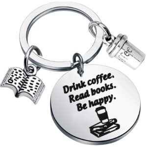 bekech book lovers gift coffee lovers gift drink coffee read books be happy keychain gift for reading lovers bookworms reader book club gift librarian gift (silver)