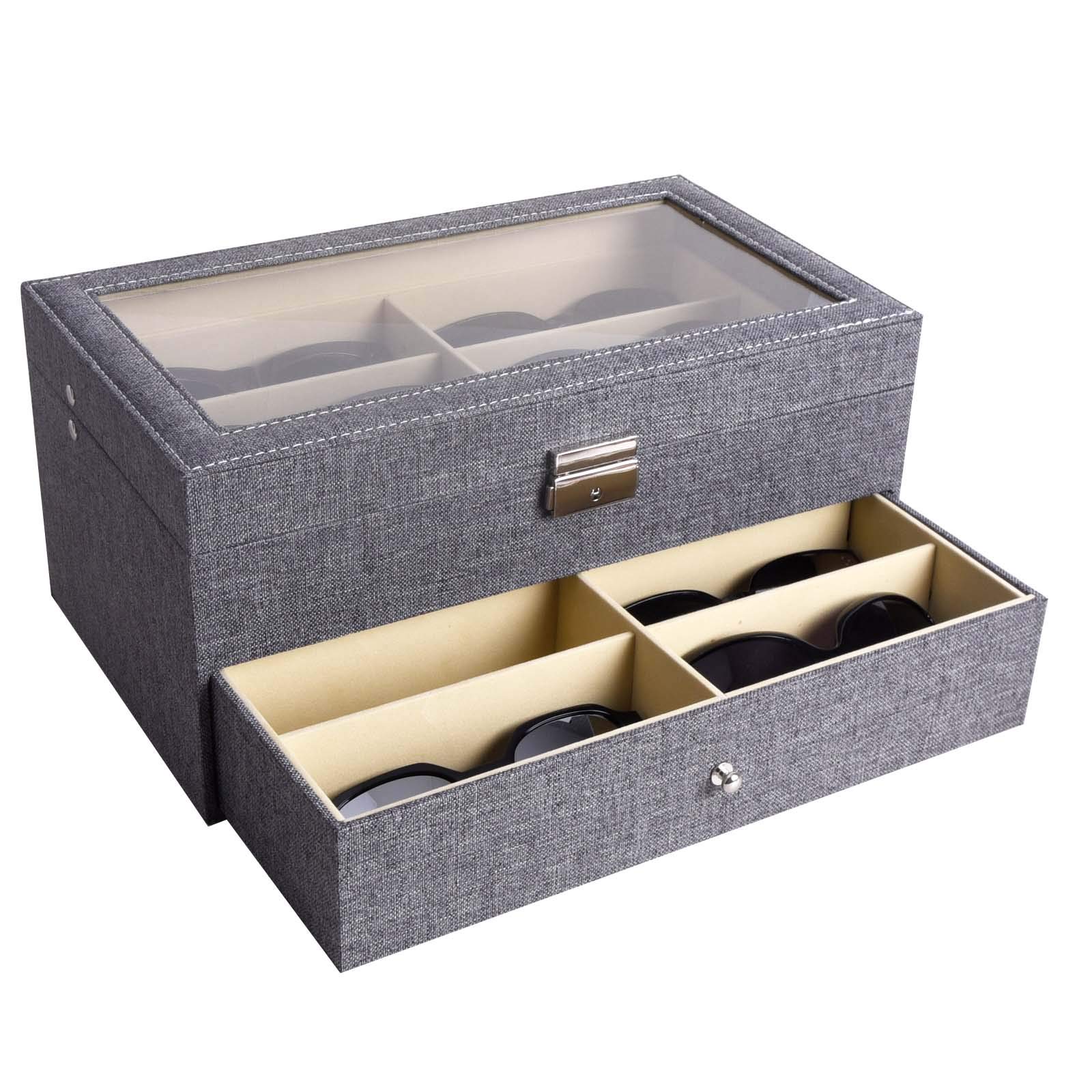 AUTOARK Linen 12 Piece Eyeglasses Storage and Sunglass Glasses Display Drawer Lockable Case Organizer,Grey,AW-096