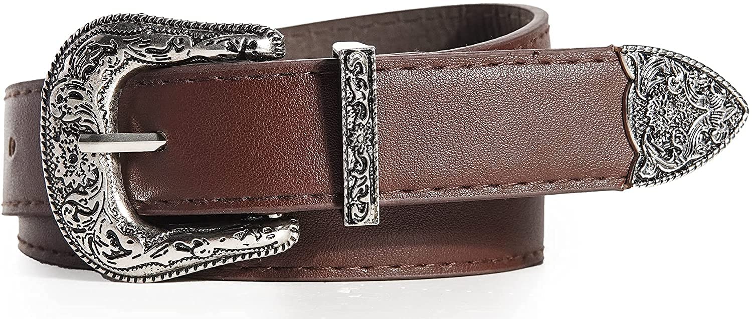 INOGIH Western-Leather-Belts-Women Vintage Waist-Belts with Hollow Out Flower Buckle