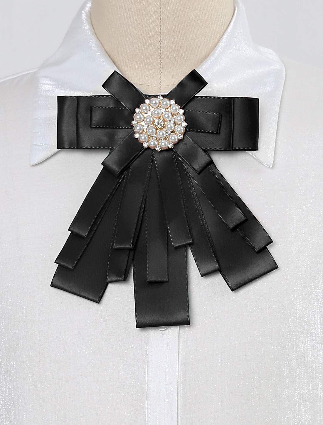 Allegra K Women's Pre-tied Bowknot Beads Bow Tie Elegant Large Ribbon Brooch One Size Black