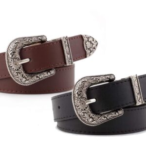 INOGIH Western-Leather-Belts-Women Vintage Waist-Belts with Hollow Out Flower Buckle