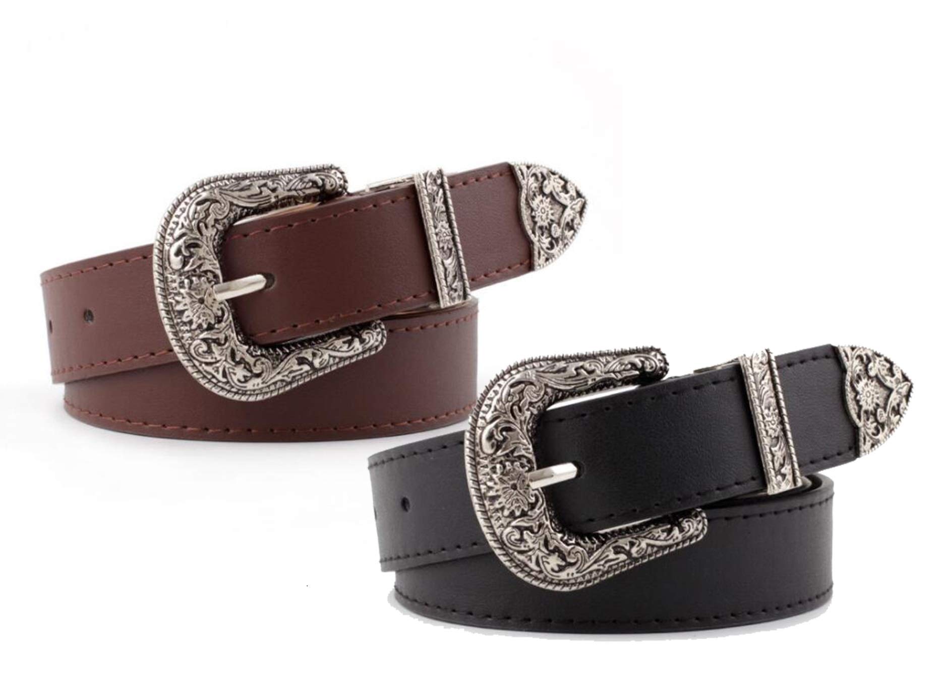 INOGIH Western-Leather-Belts-Women Vintage Waist-Belts with Hollow Out Flower Buckle