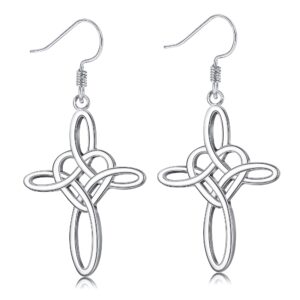 Sllaiss Sterling Silver Celtic Knot Cross Dangle Earrings White Gold Plated Good Luck Vintage Cross Drop Earrings Irish Jewelry (Silver)