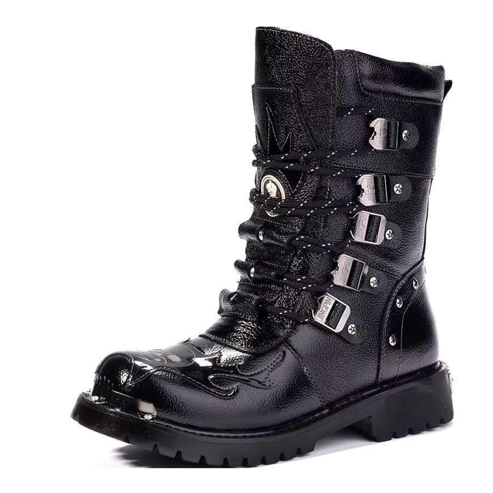 N.Y.L.A. Black Men's lace-up Military Combat Boots, Non-Slip Comfortable Leather high-top Outdoor Hiking Shoes, Wear-Resistant Motorcycle Boots, Steampunk Gothic Retro Classic Buttoned Military Boots