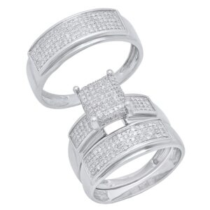 Dazzlingrock Collection 0.65 Carat (ctw) Round White Diamond Square Cluster Wedding Trio Ring Set in 925 Sterling Silver, Women size 8 & Men size 11