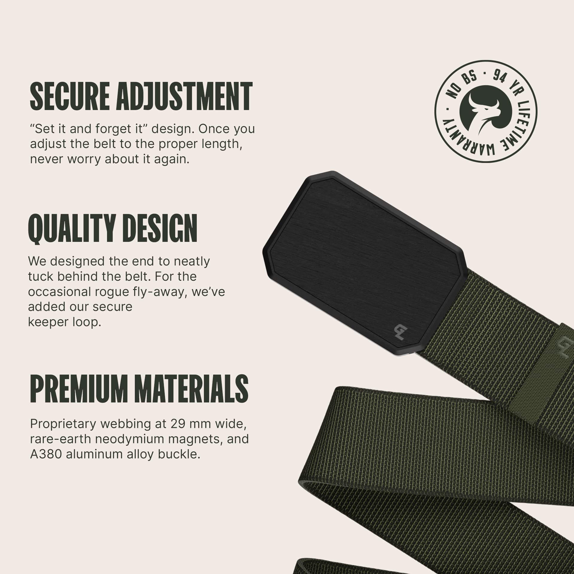 Groove Life Groove Belt Gun Metal/Olive - Men's Stretch Nylon Belt with Magnetic Aluminum Buckle, Lifetime Coverage - Large (37-40")