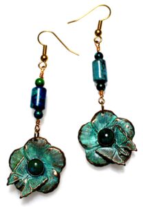 elaine coyne wearable art verdigris patina brass asian delight butterfly on flower dangle earrings - chrysocolla