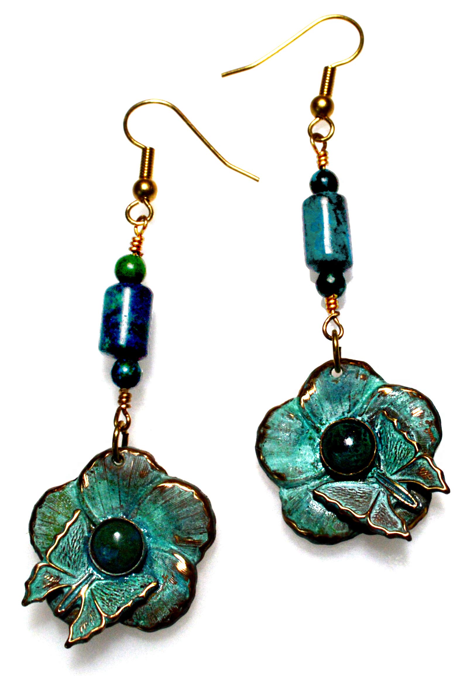 Elaine Coyne Wearable Art Verdigris Patina Brass Asian Delight Butterfly on Flower Dangle Earrings - Chrysocolla