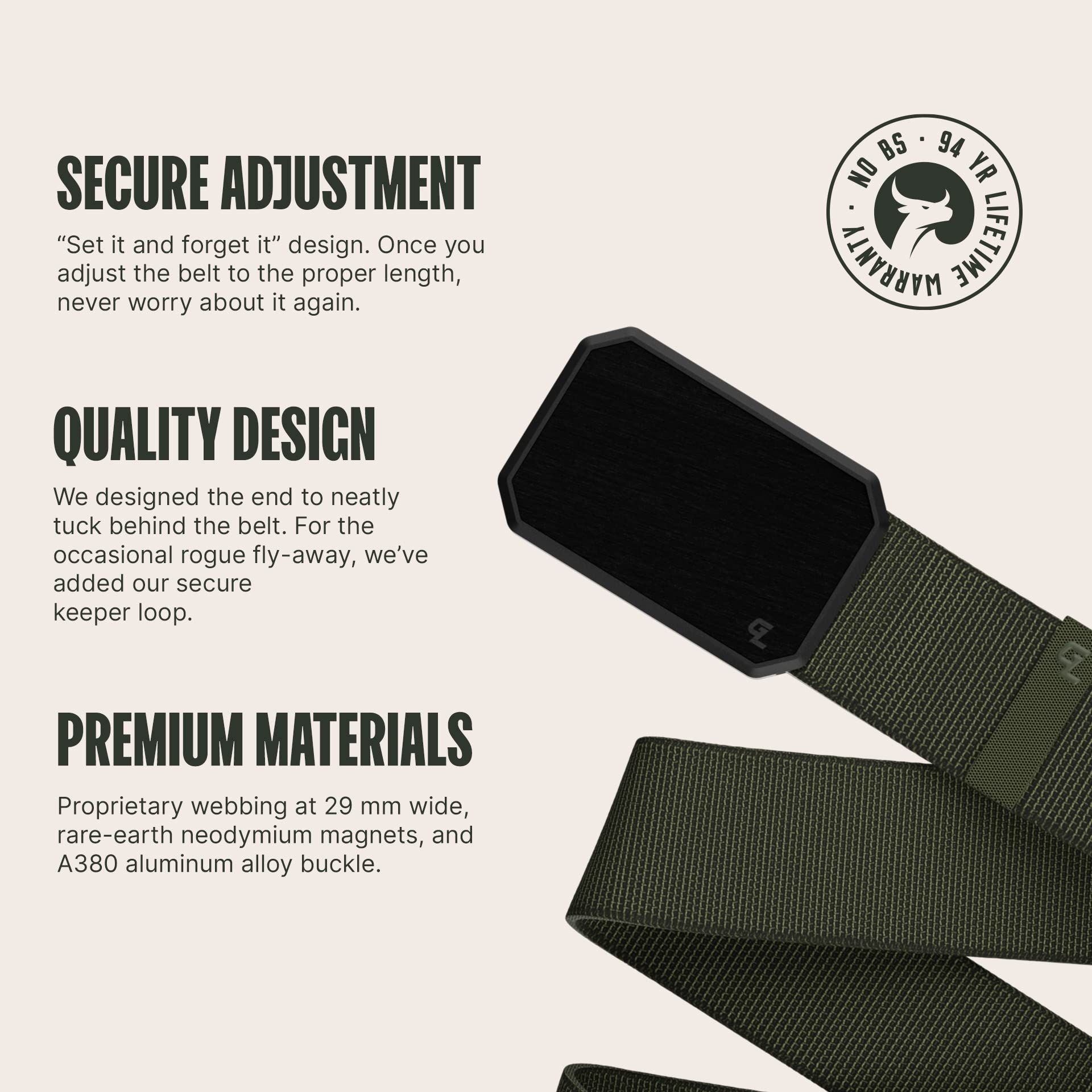 Groove Life Groove Belt Black/Olive - Men's Stretch Nylon Belt with Magnetic Aluminum Buckle, Lifetime Coverage - X-Large (41-50")