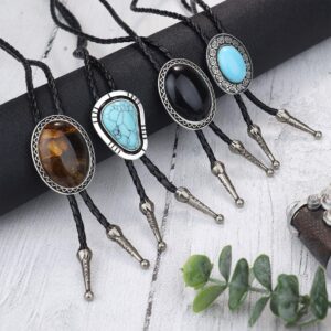 Besteel 4Pcs Bolo Tie for Men Western Cowboy Natural Tiger Eye Leather Necktie Halloween Costume Accessories for Men Women