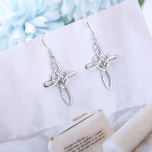 Sllaiss Sterling Silver Celtic Knot Cross Dangle Earrings White Gold Plated Good Luck Vintage Cross Drop Earrings Irish Jewelry (Silver)