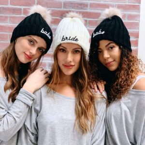 ModParty Bride & Bridesmaid Beanie Hats Knitted with Faux Fur Pom Poms for Women Winter Bachelorette Parties (White)