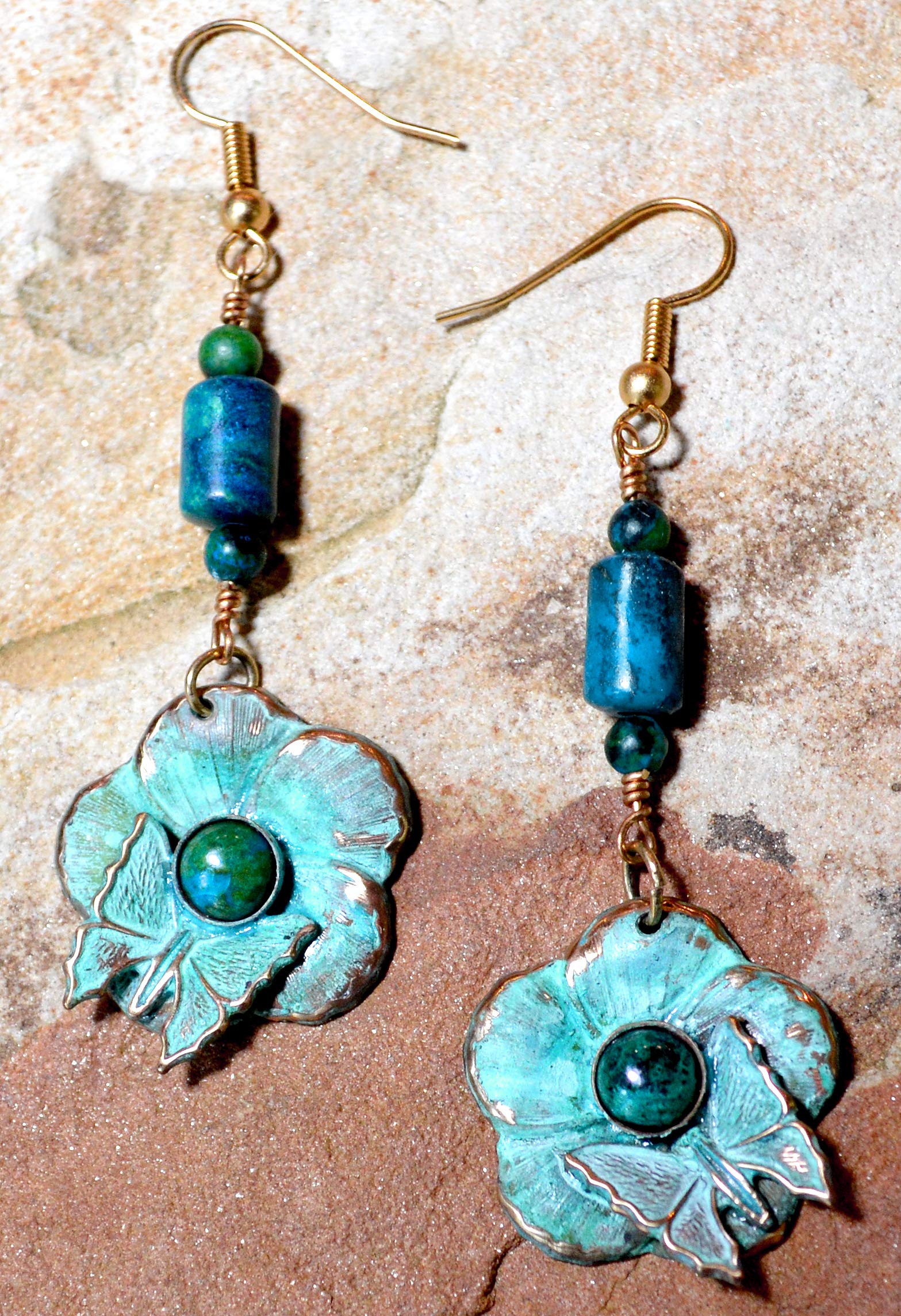 Elaine Coyne Wearable Art Verdigris Patina Brass Asian Delight Butterfly on Flower Dangle Earrings - Chrysocolla