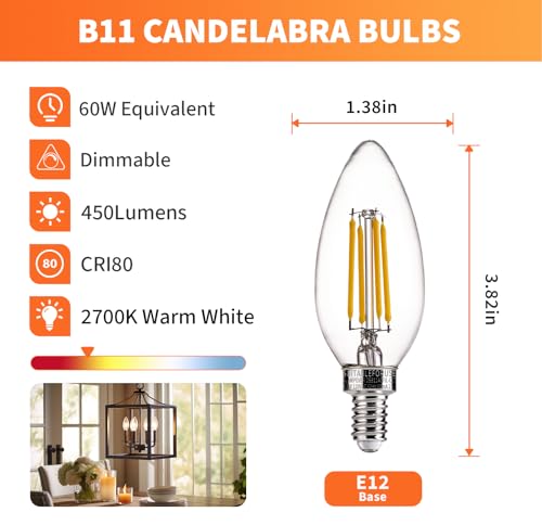 ALAMPEVER Chandelier Light Bulbs,E12 Candelabra Bulb 60 Watt,E12 LED Bulb 2700K Soft White,Candle Light Bulbs 12 Pack