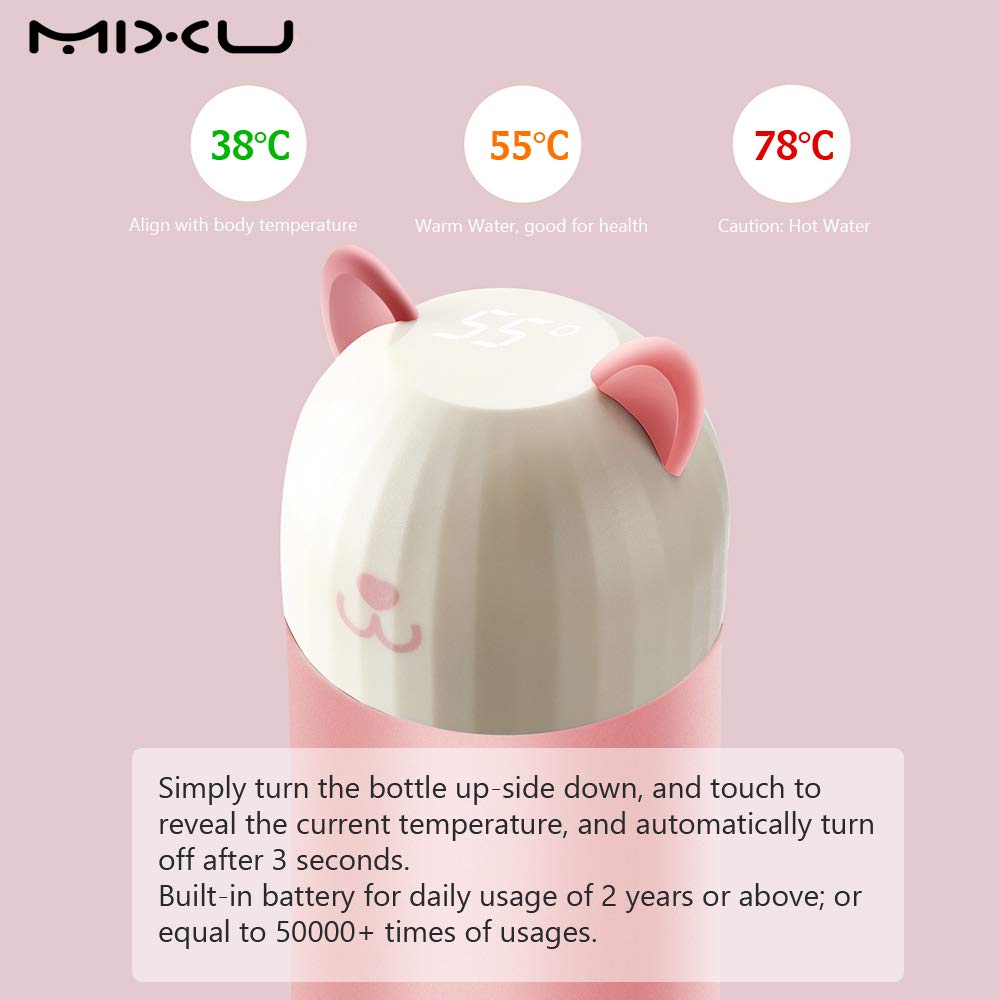 MIXU Catto Cat Shape Smart Thermos Bottle with Temperature Display, 304 Stainless Steel Food Grade Insulation Vacuum Flask, Leak-proof Anti Slip 10-Ounce Portable for Children, Girls, School, Pink