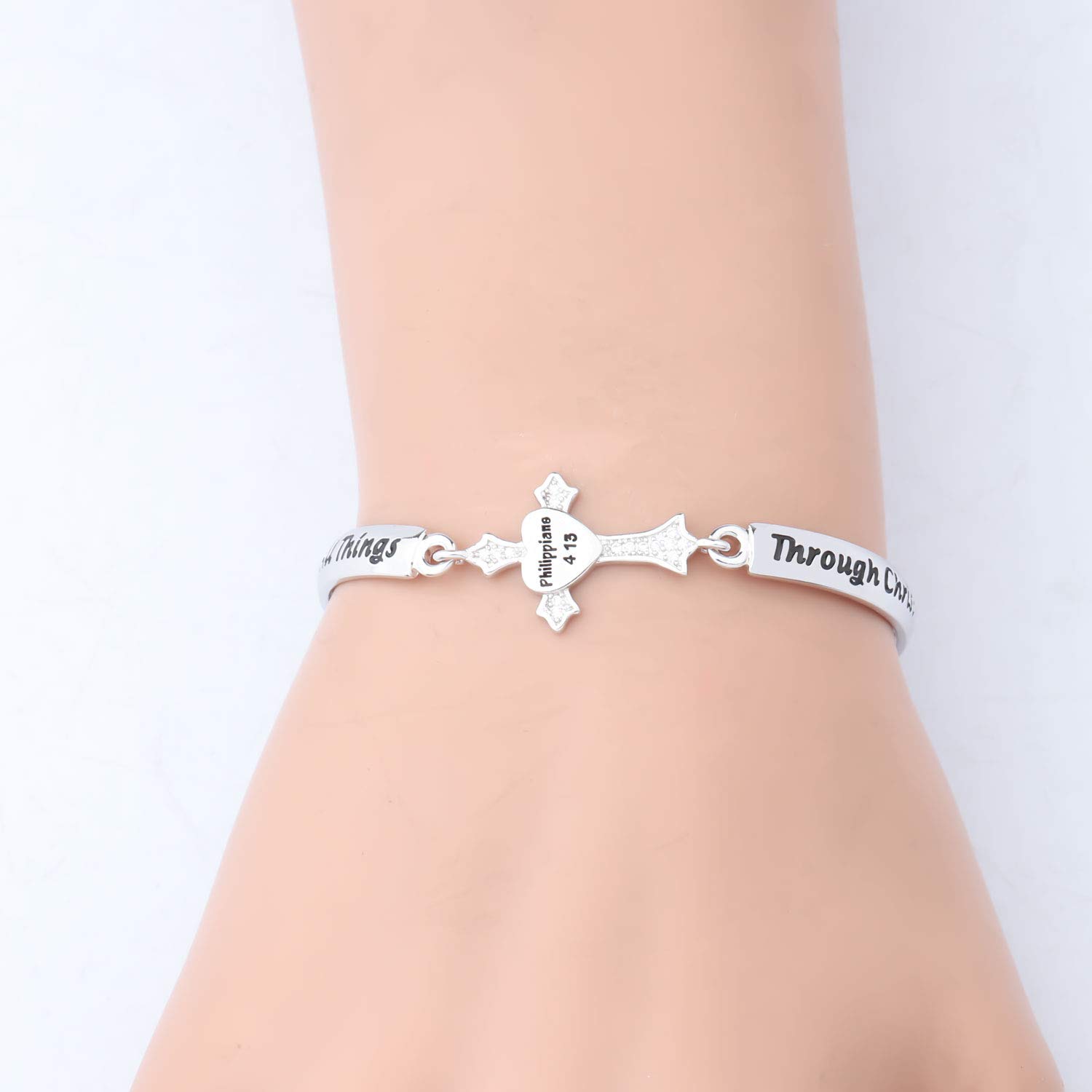 FEELMEM Verse Bible Philippians 4:13 Bracelet I Can Do All Things Through Christ Who Strengthens Me Cross Charm Bracelet Religious Jewelry Christian Gifts For Women (silver)