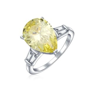 Bridal Wedding 7CT Canary Yellow AAA CZ Pear Shaped Brilliant Cut Solitaire Teardrop Statement Engagement Ring For Women Thin Band .925 Sterling Silver Cubic Zirconia Baguette Side Stones