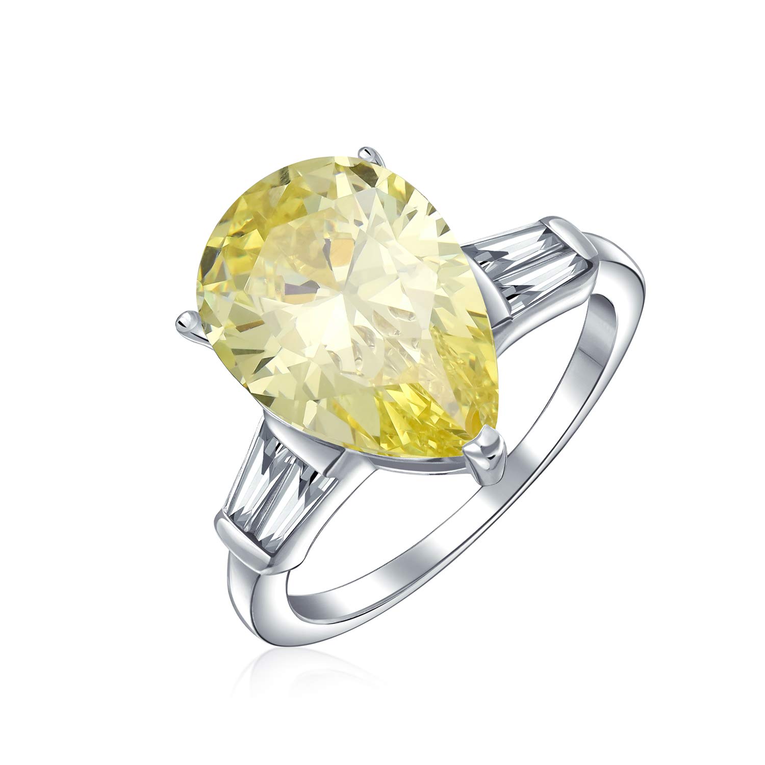 Bridal Wedding 7CT Canary Yellow AAA CZ Pear Shaped Brilliant Cut Solitaire Teardrop Statement Engagement Ring For Women Thin Band .925 Sterling Silver Cubic Zirconia Baguette Side Stones