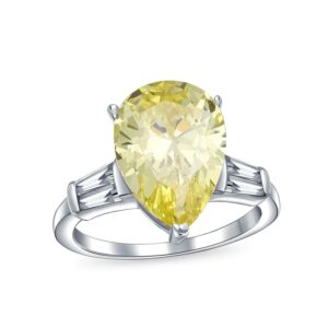 Bridal Wedding 7CT Canary Yellow AAA CZ Pear Shaped Brilliant Cut Solitaire Teardrop Statement Engagement Ring For Women Thin Band .925 Sterling Silver Cubic Zirconia Baguette Side Stones