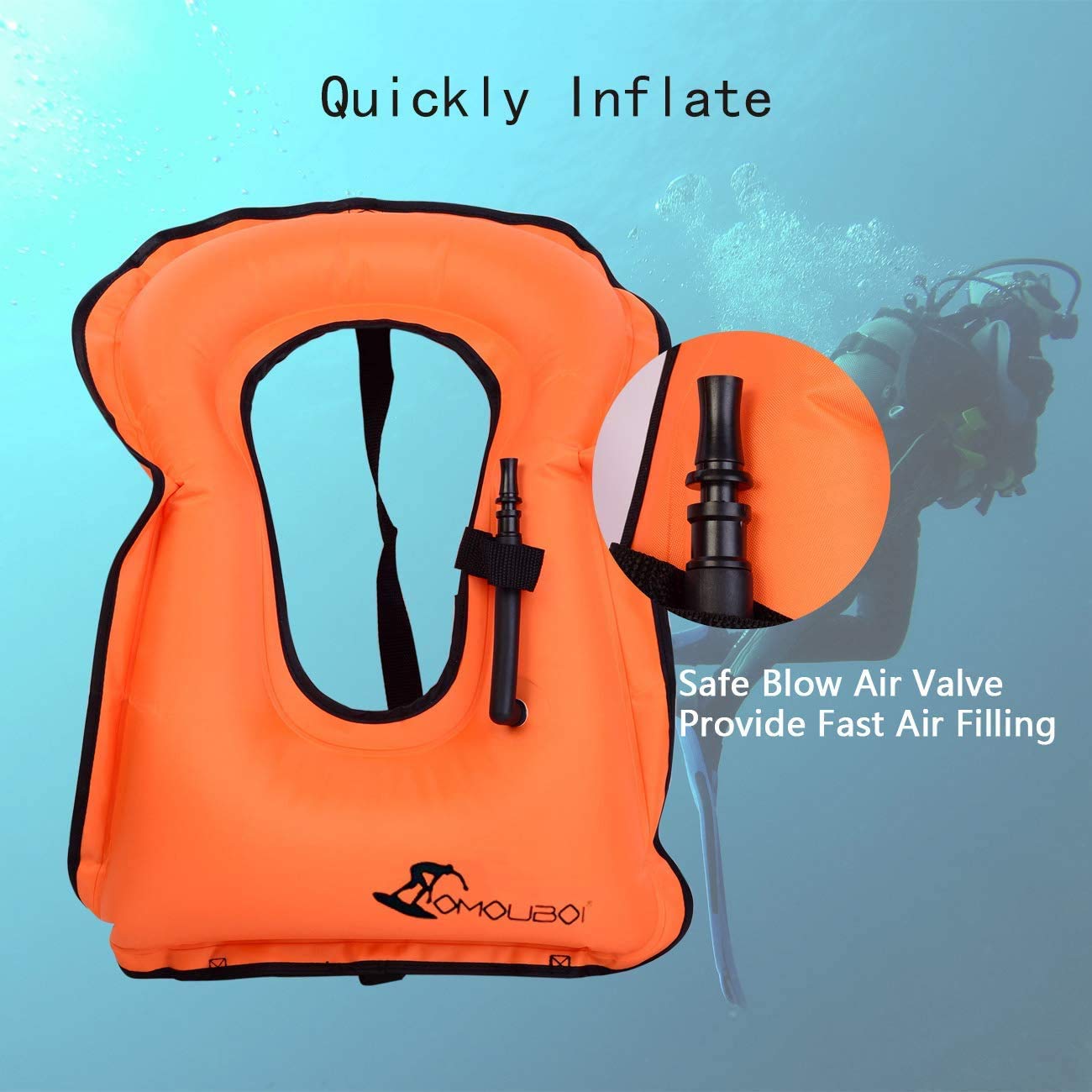 OMOUBOI Snorkel Vest for Adults Swim Vests Inflatable Snorkeling Jackets for Diving, Snorkeling, Swimming Safety (Suitable for 100-220 lbs) (Orange)