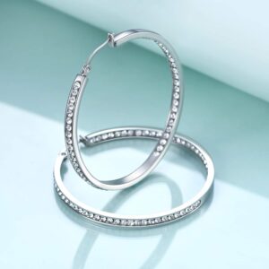 Women's Stainless Steel 2 Inch Inside-Out Crystal Cz Large Big Hoop Earrings Rhinestone Silver Tone Pierced Ladies Cubic Zirconia Hoop Earrings Hypoallergenic for Sensitive Ears