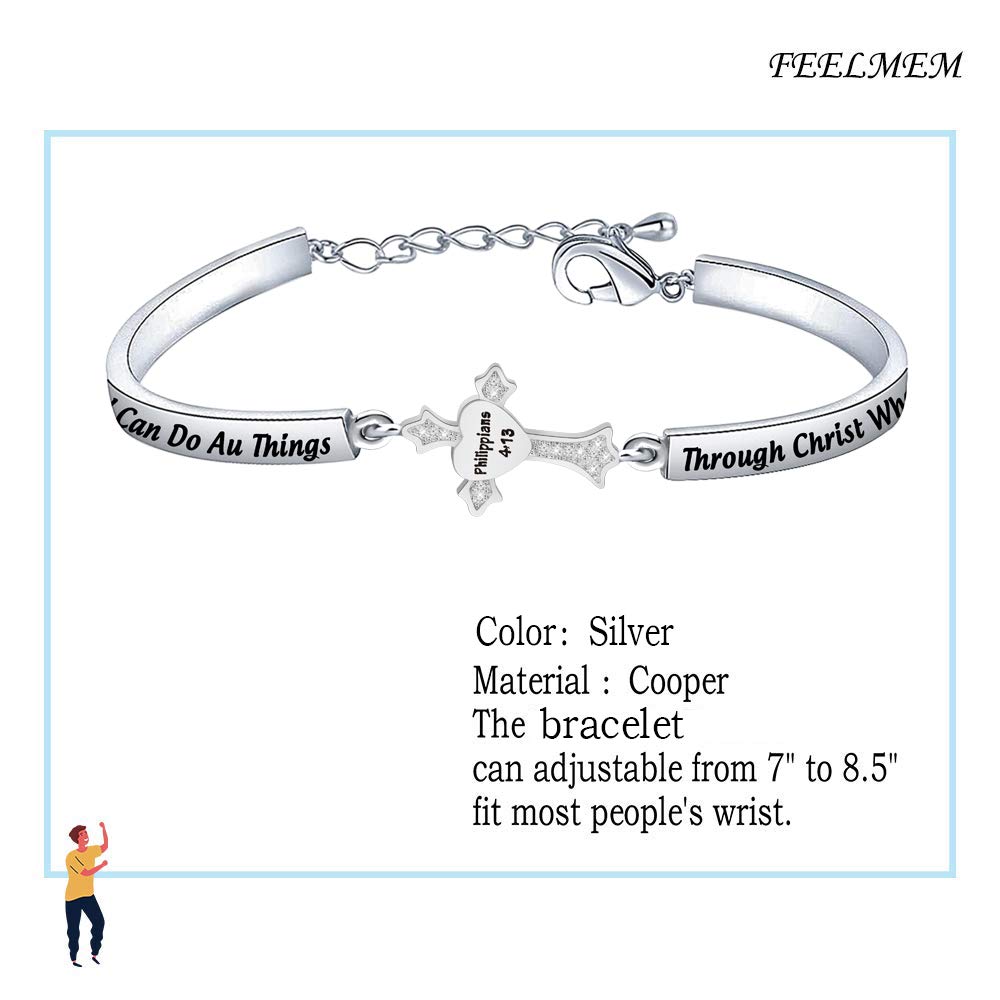 FEELMEM Verse Bible Philippians 4:13 Bracelet I Can Do All Things Through Christ Who Strengthens Me Cross Charm Bracelet Religious Jewelry Christian Gifts For Women (silver)