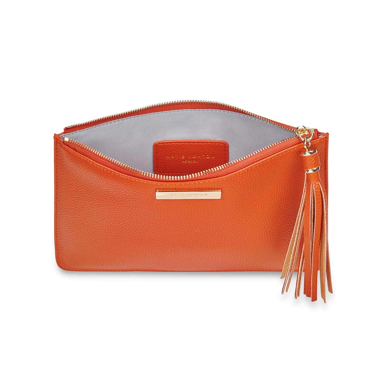 KATIE LOXTON Tassel Pouch Womens Vegan Leather Medium Clutch Handbag Burnt Orange