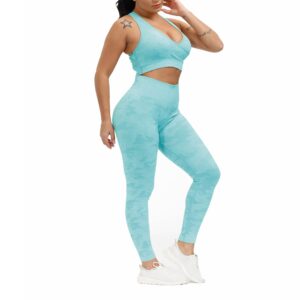 SweatyShark Women's Workout Outfit Set Active 2 Pieces Camo Seamless Yoga Leggings with Paded Sports Bra Racer Back Sky Blue