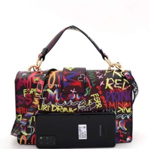 Retro Vintage Neon Multicolor Colorful Graffiti Clutch Tote Purse Crossbody Sling Bag Handbag (Medium Top-Handle Satchel - Black Multi)