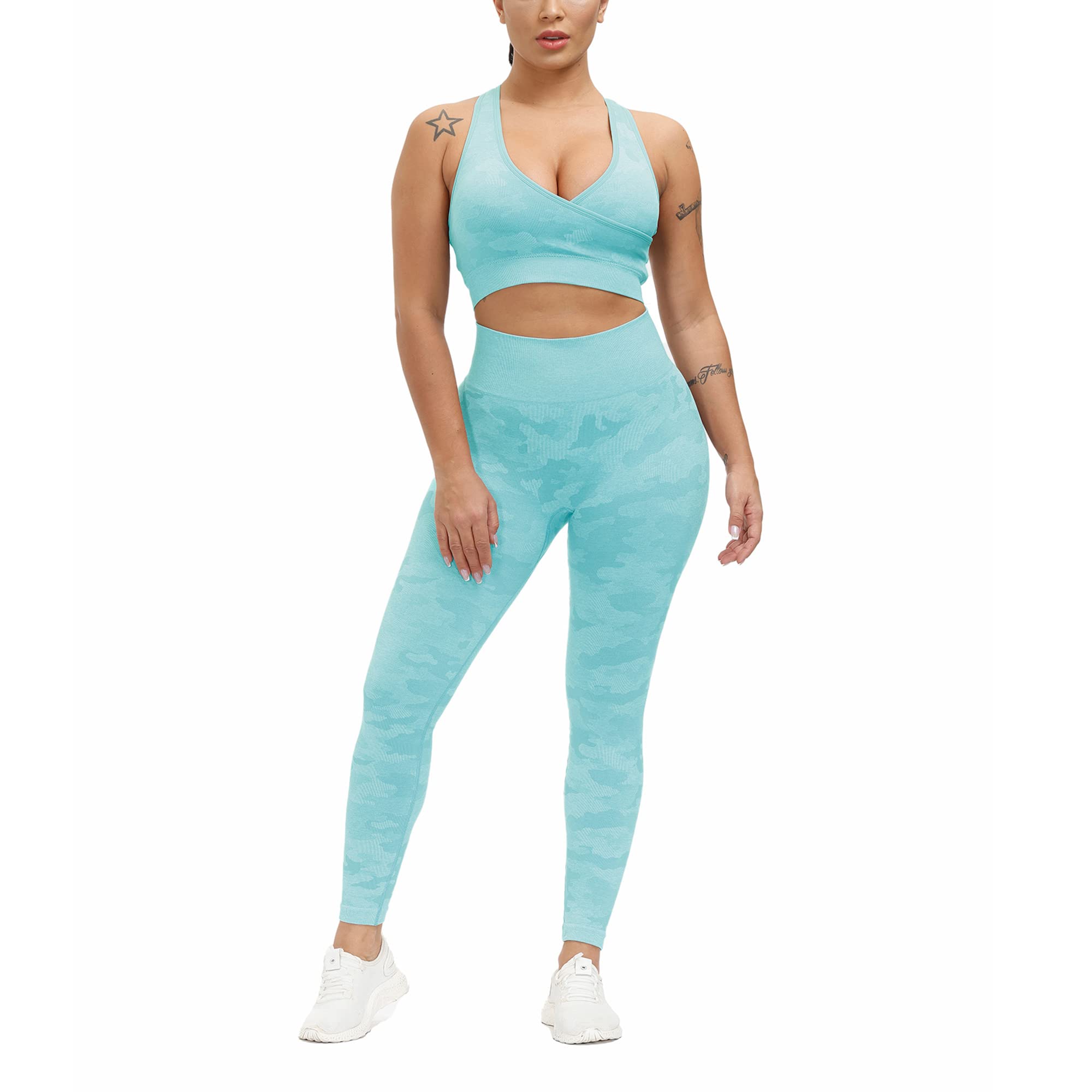 SweatyShark Women's Workout Outfit Set Active 2 Pieces Camo Seamless Yoga Leggings with Paded Sports Bra Racer Back Sky Blue