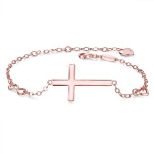 BlingGem Cross Bracelet for Women Rose Gold Plated 925 Sterling Silver Dainty Religious Christian Bracelet Faith God Blessed Confirmation Gifts